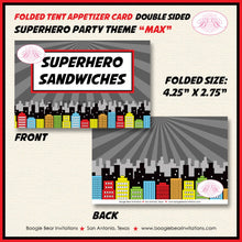 Load image into Gallery viewer, Superhero Birthday Party Favor Card Tent Appetizer Food Place Super Hero Cityscape Skyline Retro Boy Girl Boogie Bear Invitations Max Theme