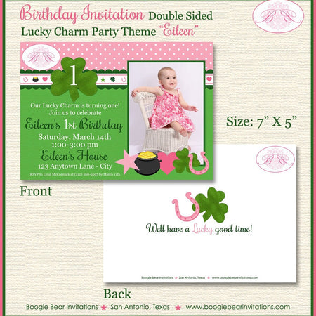Lucky Charm Birthday Party Invitation Photo Pink St. Patrick's Day Girl 1st Boogie Bear Invitations Eileen Theme Paperless Printable Printed