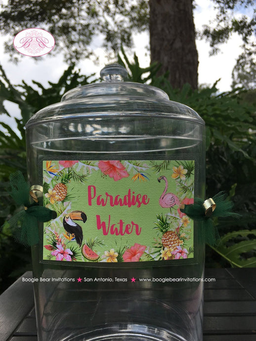 Tropical Paradise Party Beverage Card Birthday Drink Label Sign Wrap Rain Forest Amazon Jungle Pink Boogie Bear Invitations Tallulah Theme
