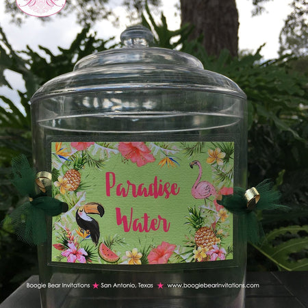 Tropical Paradise Party Beverage Card Birthday Drink Label Sign Wrap Rain Forest Amazon Jungle Pink Boogie Bear Invitations Tallulah Theme
