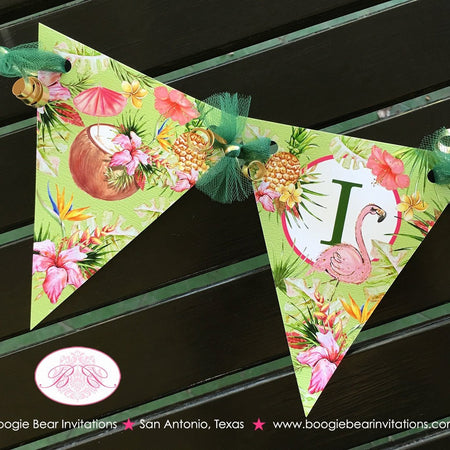 Tropical Paradise Pennant I am 1 Banner Birthday Party Highchair Flamingo Toucan Pink Gold Green 1st Boogie Bear Invitations Tallulah Theme