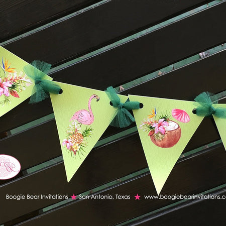 Tropical Paradise Party Banner Pennant Birthday Garland Small Flamingo Toucan Pineapple Pink Green Boogie Bear Invitations Tallulah Theme