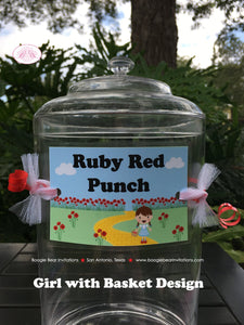 Wizard of Oz Party Beverage Card Wrap Birthday Drink Label Girl Red Dorothy Yellow Brick Road Poppies Boogie Bear Invitations Ruby Theme