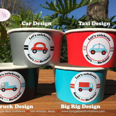 Cars Trucks Birthday Party Treat Cups Candy Buffet Appetizer Food Girl Boy Red Blue Black Boogie Bear Invitations Sam Theme