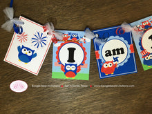 Load image into Gallery viewer, 4th of July Highchair I am 1 Party Banner Birthday Boy Girl Outdoor Summer Patriotic Flag Owl Picnic Boogie Bear Invitations Blakeley Theme