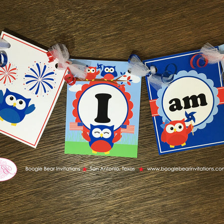4th of July Highchair I am 1 Party Banner Birthday Boy Girl Outdoor Summer Patriotic Flag Owl Picnic Boogie Bear Invitations Blakeley Theme