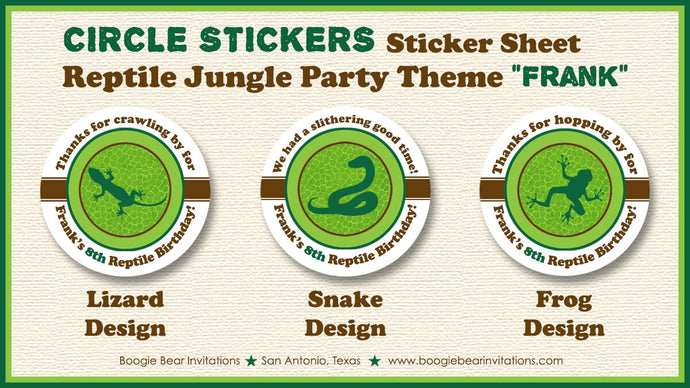 Reptile Snake Birthday Party Stickers Circle Sheet Frog Lizard Snake Amazon Jungle Rain Forest Wild Zoo Boogie Bear Invitations Frank Theme