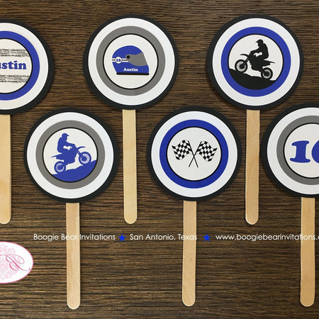 Blue Dirt Bike Birthday Party Cupcake Toppers Girl Boy Enduro Motocross Racing Track Bike Black Helmet Boogie Bear Invitations Austin Theme