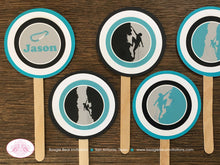 Load image into Gallery viewer, Rock Climbing Party Cupcake Toppers Birthday Mountain Black Aqua Teal Turquoise Blue Boy Girl Spelunking Boogie Bear Invitations Jason Theme