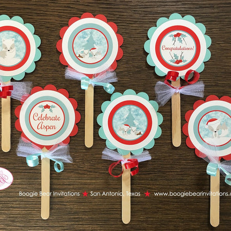 White Winter Fox Baby Shower Cupcake Toppers Set Christmas Snow White Red Green Birthday Arctic Holiday Boogie Bear Invitations Aspen Theme