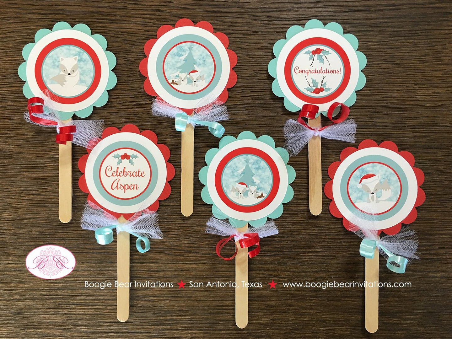 White Winter Fox Baby Shower Cupcake Toppers Set Christmas Snow White Red Green Birthday Arctic Holiday Boogie Bear Invitations Aspen Theme