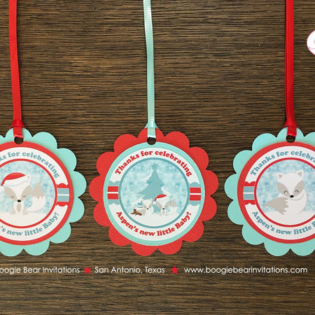 Woodland Winter Fox Baby Shower Party Favor Tags Christmas Snow Red White Aqua Arctic Forest Birthday Boogie Bear Invitations Aspen Theme
