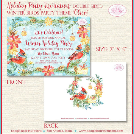 Red Bird Christmas Party Invitation Winter Holiday Ornament Cardinal Present Boogie Bear Invitations Olson Theme Paperless Printable Printed
