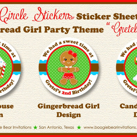 Gingerbread Girl Birthday Party Stickers Circle Sheet Round Winter Christmas Candy Holiday House Cookie Boogie Bear Invitations Gretel Theme