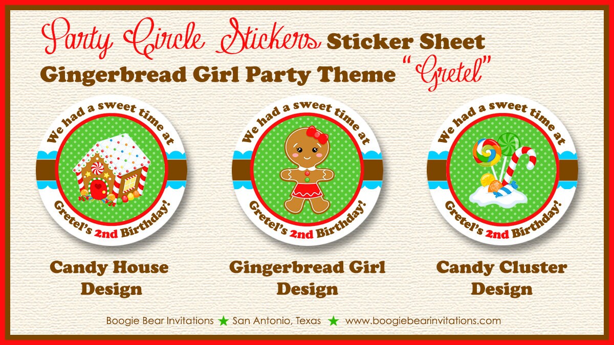 Gingerbread Girl Birthday Party Stickers Circle Sheet Round Winter Christmas Candy Holiday House Cookie Boogie Bear Invitations Gretel Theme