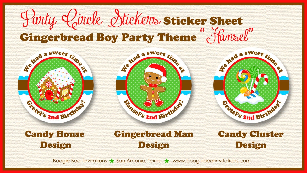 Gingerbread Birthday Party Stickers Circle Sheet Round Winter Christmas Candy Boy Holiday House Cookie Boogie Bear Invitations Hansel Theme