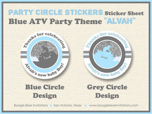Blue ATV Baby Shower Party Stickers Circle Sheet Round Boy All Terrain Vehicle Quad 4 Wheeler Birthday Boogie Bear Invitations Alvah Theme