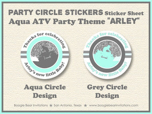 Aqua ATV Baby Shower Party Stickers Circle Sheet Round Girl Boy Glitter Green Blue Grey Gray Birthday Boogie Bear Invitations Arley Theme