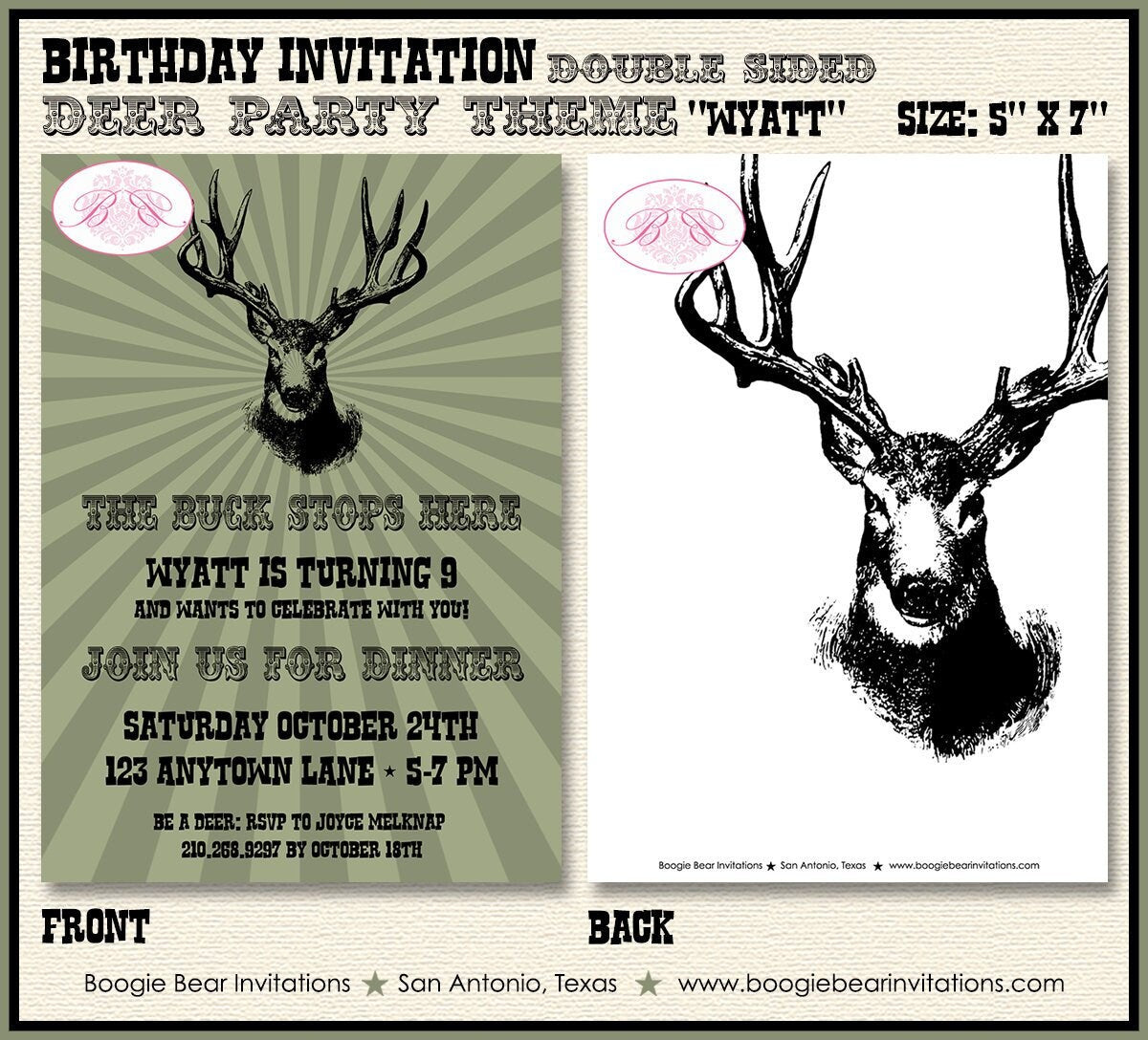 Deer Hunting Birthday Party Invitation Buck Elk Hunting Trip Bust Head Antlers Bullseye Boy Girl Boogie Bear Invitations Wyatt Theme Printed