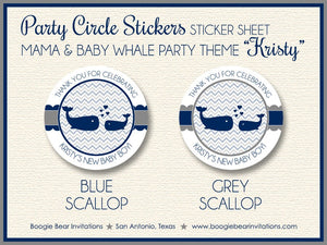 Blue Whale Baby Shower Party Stickers Circle Sheet Favor Round Chevron Navy Boy Girl Heart White Swim Boogie Bear Invitations Kristy Theme