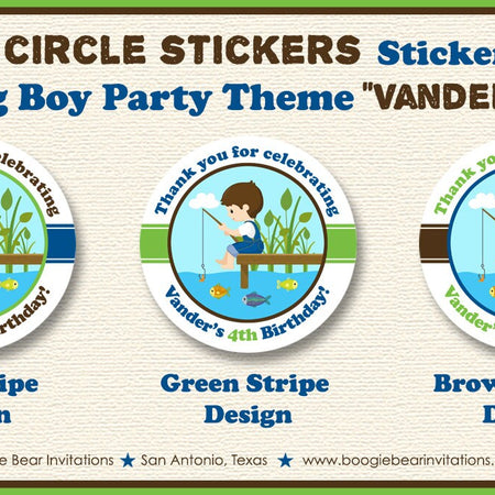 Fishing Boy Birthday Party Stickers Circle Sheet Round Blue Green Brown Dock Frog Fish Splash Swimming Boogie Bear Invitations Vander Theme