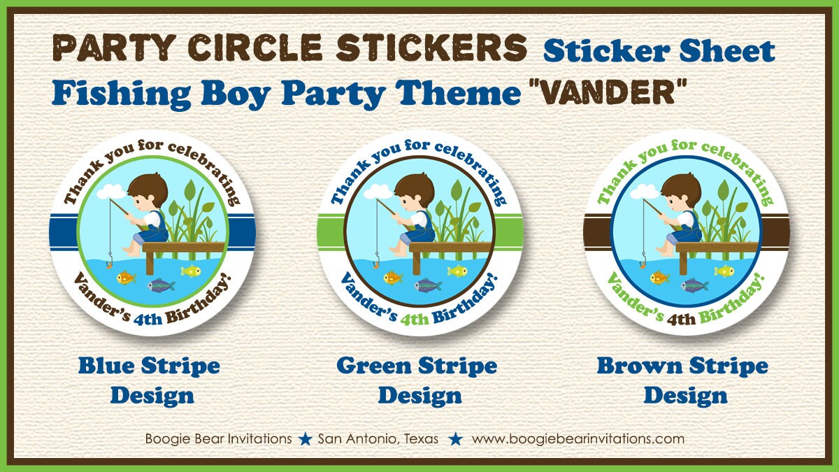 Fishing Boy Birthday Party Stickers Circle Sheet Round Blue Green Brown Dock Frog Fish Splash Swimming Boogie Bear Invitations Vander Theme