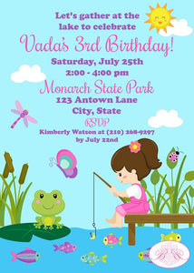 Fishing Girl Birthday Party Invitation Pink Ocean Lake River Dock Fish Fishes Boogie Bear Invitations Vada Theme Paperless Printable Printed