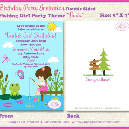 Fishing Girl Birthday Party Invitation Pink Ocean Lake River Dock Fish Fishes Boogie Bear Invitations Vada Theme Paperless Printable Printed