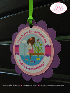 Fishing Girl Birthday Party Favor Tags Treat Bag Lake River Pink Purple Boating Dock Summer Swim Swimming Boogie Bear Invitations Vada Theme
