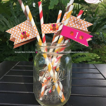 Little Pink Turkey Party Pennant Straws Birthday Paper Beverage Drink Fall Girl Farm Barn Country Gobble Boogie Bear Invitations Riley Theme