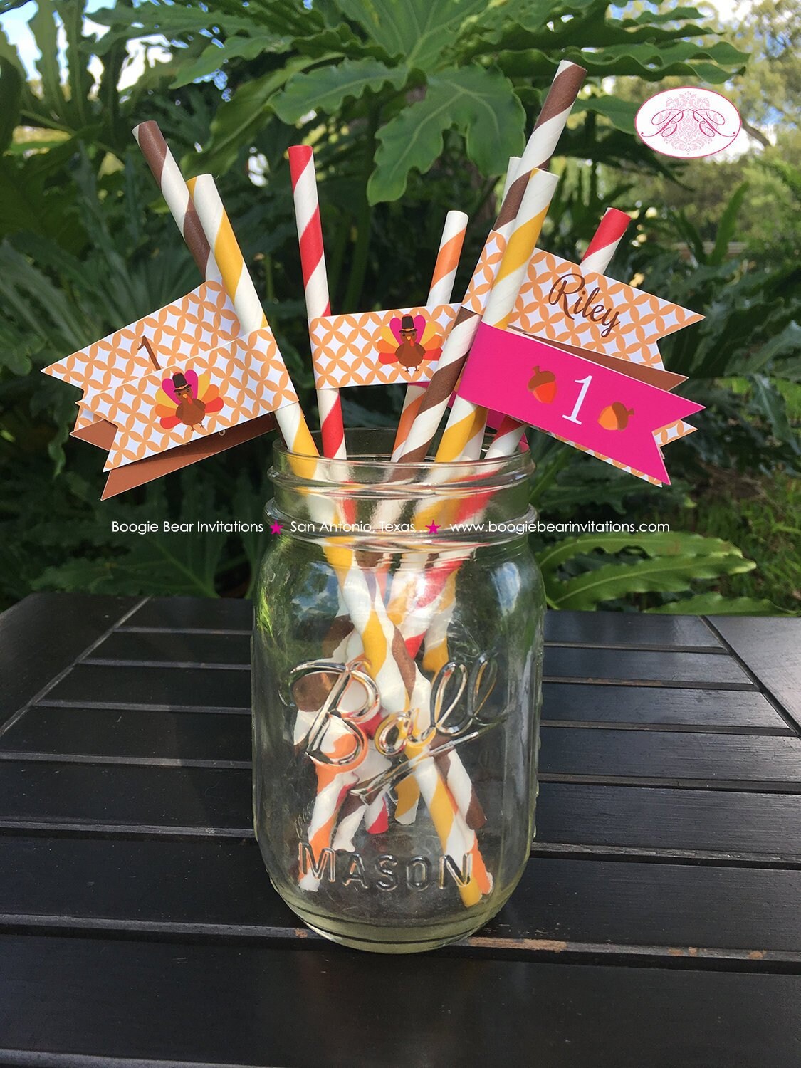 Little Pink Turkey Party Pennant Straws Birthday Paper Beverage Drink Fall Girl Farm Barn Country Gobble Boogie Bear Invitations Riley Theme