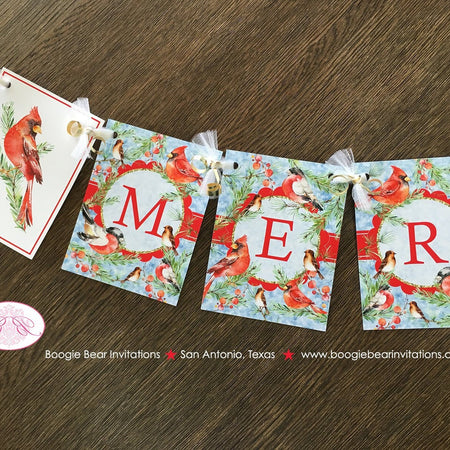 Red Cardinal Bird Merry Christmas Banner Party Green Winter Holiday Cheer Pine Holly Berry 1st Birthday Boogie Bear Invitations Fulton Theme