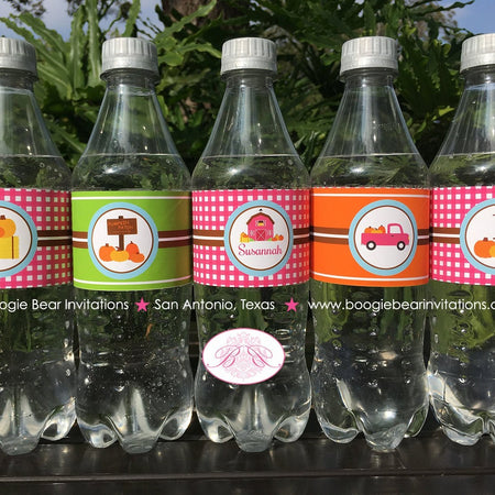 Pink Farm Birthday Party Bottle Wraps Wrappers Cover Label Harvest Barn Country Truck Pumpkin Girl Boogie Bear Invitations Susannah Theme