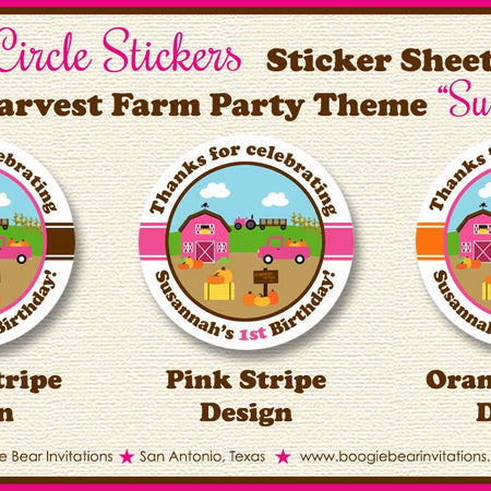 Pink Farm Pumpkin Birthday Party Stickers Circle Sheet Round Orange Barn Girl Country Fall Autumn Tag Boogie Bear Invitations Susannah Theme
