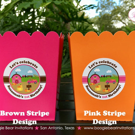 Pink Farm Party Popcorn Boxes Mini Favor Food Birthday Girl Pumpkin Barn Country Fall Autumn Truck Boogie Bear Invitations Susannah Theme