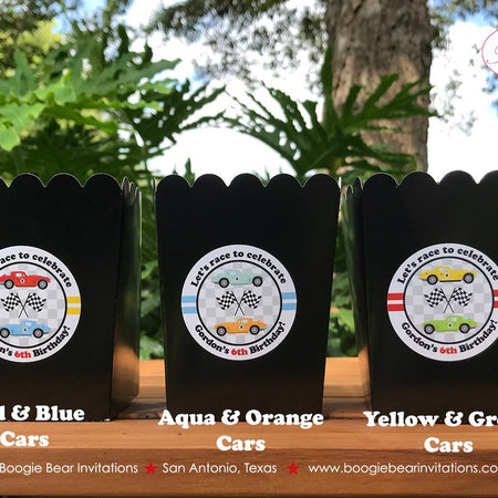 Race Car Party Popcorn Boxes Mini Food Buffet Birthday Black Red Classic Antique Coupe Fastback Retro Boogie Bear Invitations Gordon Theme