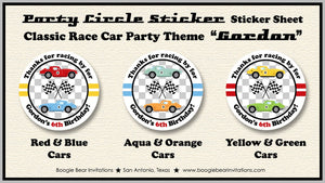 Race Car Birthday Party Circle Stickers Sheet Round Girl Boy Antique Racing Black Coupe Fastback Club Boogie Bear Invitations Gordon Theme