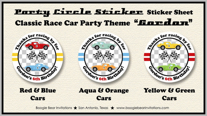 Race Car Birthday Party Circle Stickers Sheet Round Girl Boy Antique Racing Black Coupe Fastback Club Boogie Bear Invitations Gordon Theme