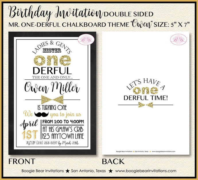 Mr. Wonderful Birthday Party Invitation Bow Tie Little Man Black Gold ONE 1st Boogie Bear Invitations Owen Theme Paperless Printable Printed