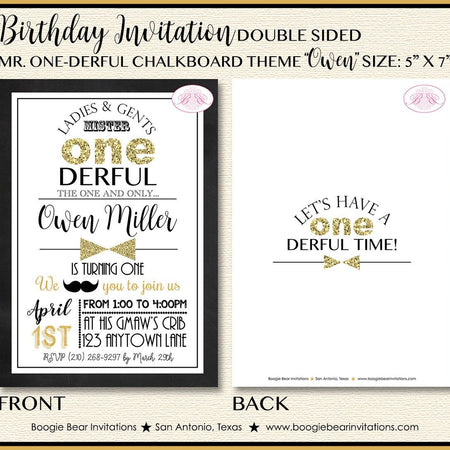 Mr. Wonderful Birthday Party Invitation Bow Tie Little Man Black Gold ONE 1st Boogie Bear Invitations Owen Theme Paperless Printable Printed