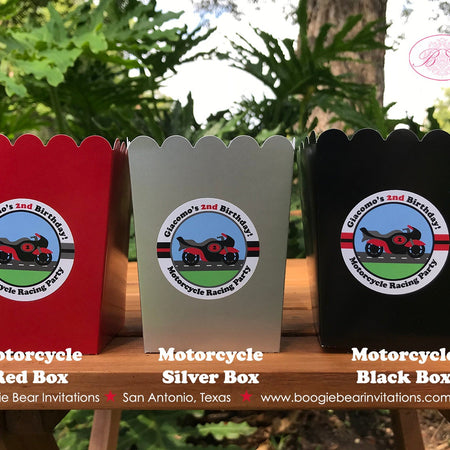 Red Motorcycle Party Popcorn Boxes Mini Food Buffet Birthday Boy Black Enduro Motocross Street Racing Boogie Bear Invitations Giacomo Theme