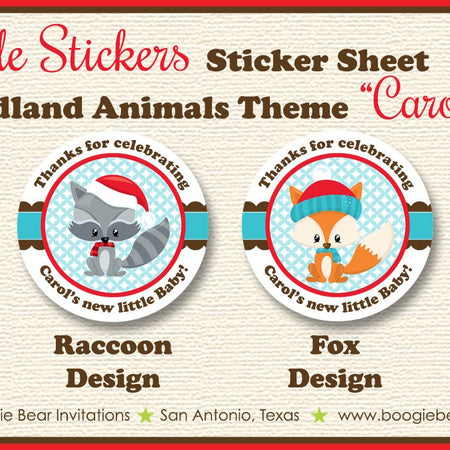 Winter Woodland Animals Party Stickers Circle Sheet Baby Shower Squirrel Owl Fox Boy Girl Christmas Snow Boogie Bear Invitations Carol Theme