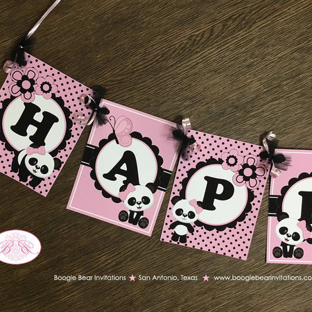 Pink Panda Bear Happy Birthday Banner Party White Black Polka Dot Girl Butterfly Tropical Wild Jungle Boogie Bear Invitations Robina Theme