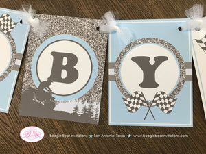Blue ATV Baby Shower Party Banner Party Grey Gray Silver Glitter Boy Checkered Flag Race Stripe Quad 1st Boogie Bear Invitations Alvah Theme