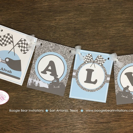 Blue ATV Baby Shower Name Banner Party Grey Gray Silver Glitter Boy Checkered Flag Race Stripe Quad 1st Boogie Bear Invitations Alvah Theme