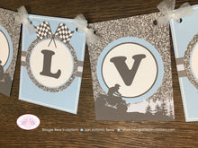 Load image into Gallery viewer, Blue ATV Baby Shower Name Banner Party Grey Gray Silver Glitter Boy Checkered Flag Race Stripe Quad 1st Boogie Bear Invitations Alvah Theme