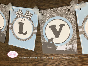 Blue ATV Baby Shower Name Banner Party Grey Gray Silver Glitter Boy Checkered Flag Race Stripe Quad 1st Boogie Bear Invitations Alvah Theme