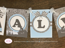 Load image into Gallery viewer, Blue ATV Baby Shower Name Banner Party Grey Gray Silver Glitter Boy Checkered Flag Race Stripe Quad 1st Boogie Bear Invitations Alvah Theme