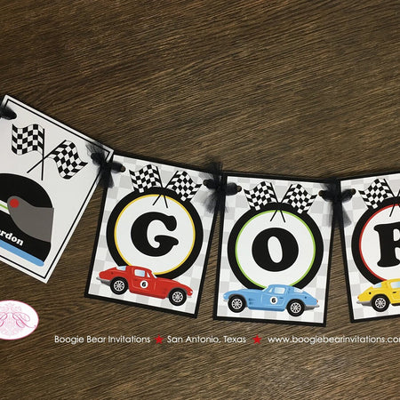 Race Car Name Birthday Party Banner Racing Classic Girl Boy Retro Coupe Fastback Antique Vintage Black Boogie Bear Invitations Gordon Theme