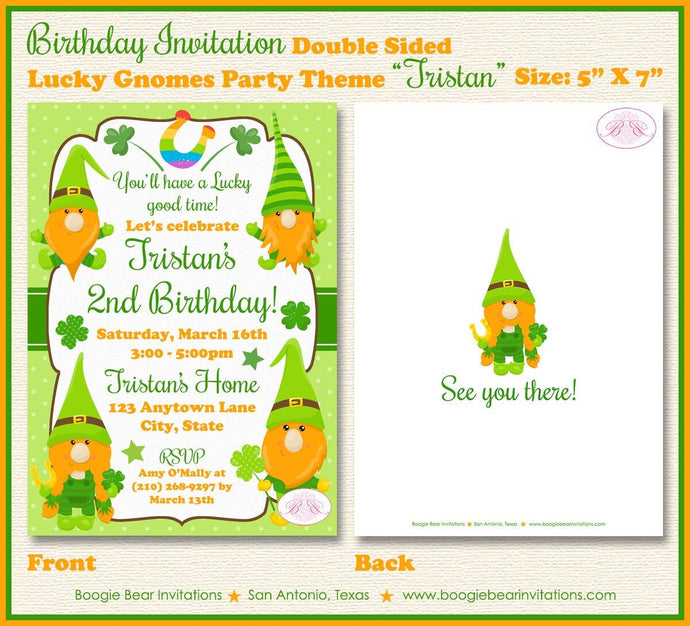 St. Patrick's Day Gnomes Birthday Party Invitation Lucky Girl Boy Clover Boogie Bear Invitations Tristan Theme Paperless Printable Printed